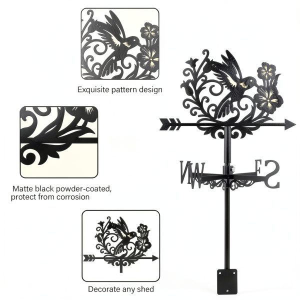 Bird Weathervane 26" Black Metal Hummingbird Flower BEUNITONE Garden-2